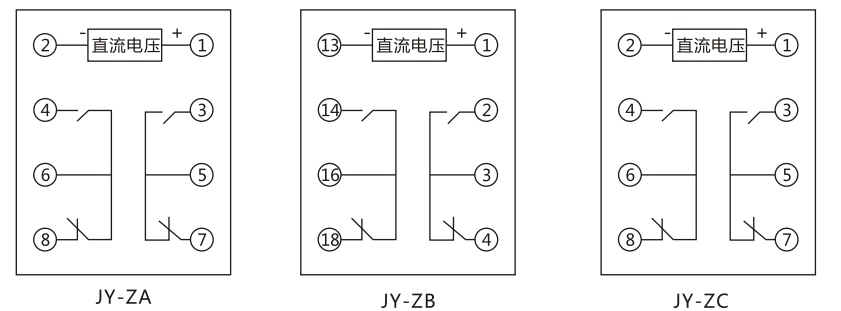 JY-ZA直流高低值电压继电器内部接线及外引接线图