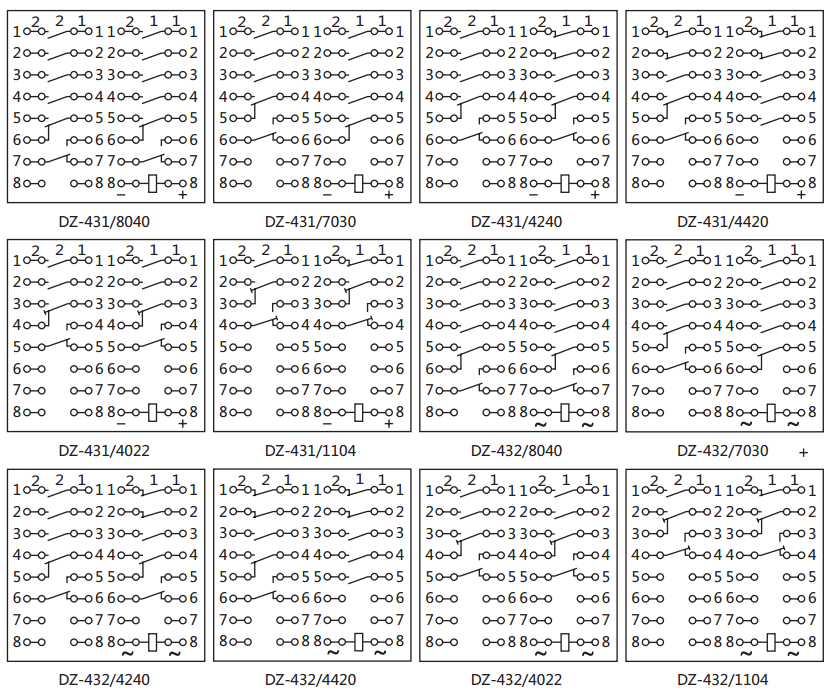 DZ-431中间继电器内部接线图及外引接线图（背视）